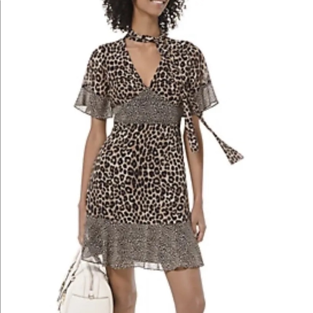 Michael Kors Mix Cheetah Ruffled Dress Tie Neck Plunging V Neck Size Large New